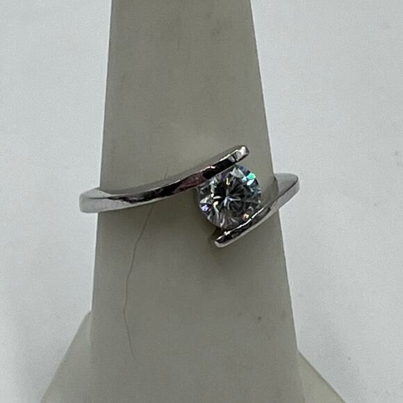 Sterling Silver 925 Rhodium Round Bezel CZ Solitaire Ring Sz 7.5 - Picture 4 of 13